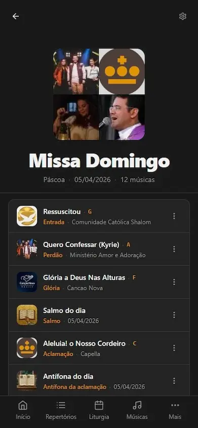 Tela de repertório de missa do SantaCifra