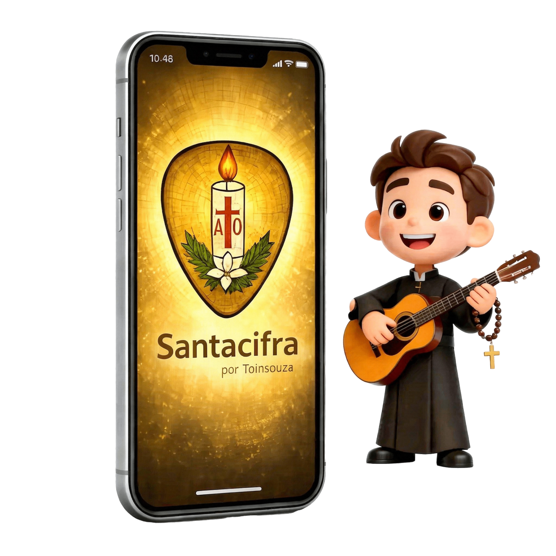 App SantaCifra com personagem músico católico
